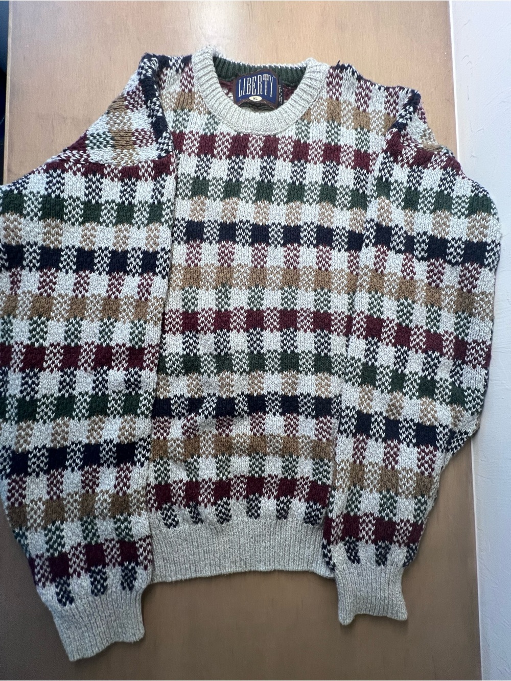 liberty Crewneck Check Sweater in Cream, Burgundy, Green, Navy, Tan